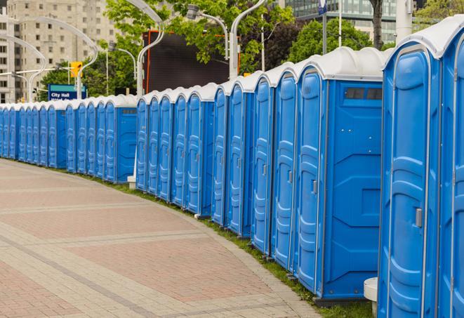 a row of portable restrooms at an outdoor special event, ready for use in Bluff City